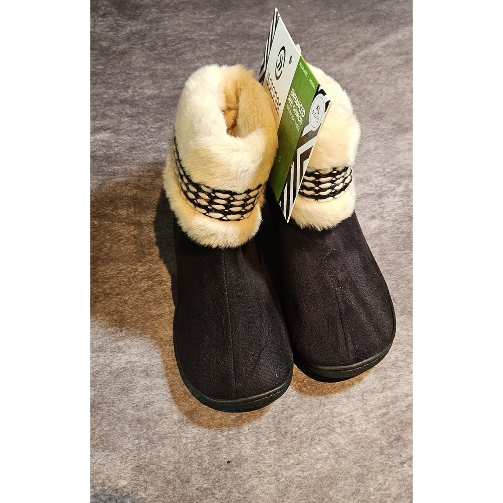 Isotoner Woodlands Women Ankle Bootie Slippers SZ 9.5-10 XL Black/ White FauxFur